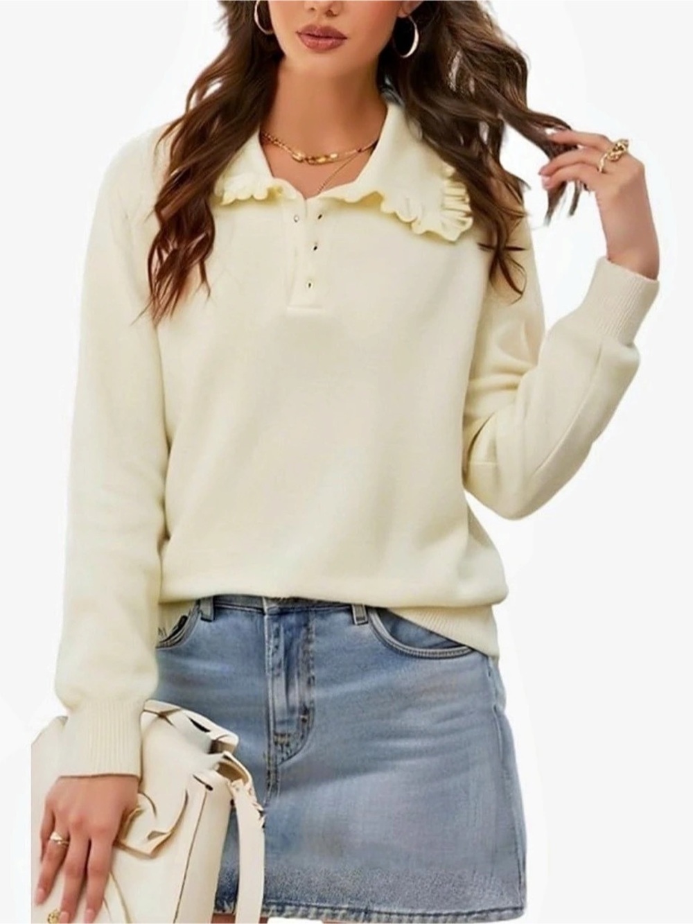 Amazon Ruffled Collar Sweater in Cream Like New